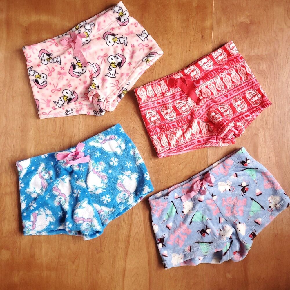 Christmas Pajama Sleep Shorts Womens XL Lot of 4 Fuzzy Soft Peanuts Frosty Elf